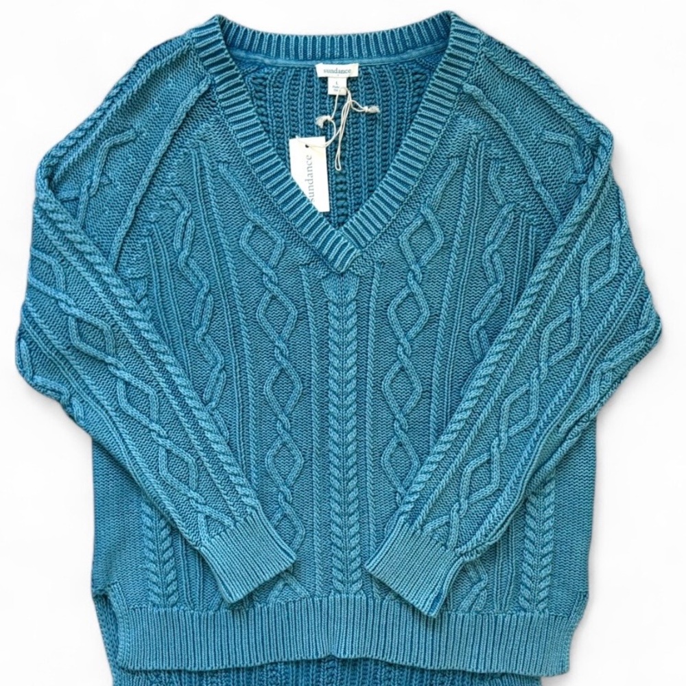 NWT Sundance Teal Cable Knit Lydie Mae Sweater Size L Coastal Boho